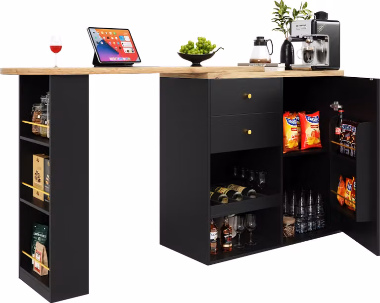 Abrihome Tavolo da bar girevole a 360° Tavolo da sala da pranzo, tavolo da bar con 2 cassetti e armadietto, nero