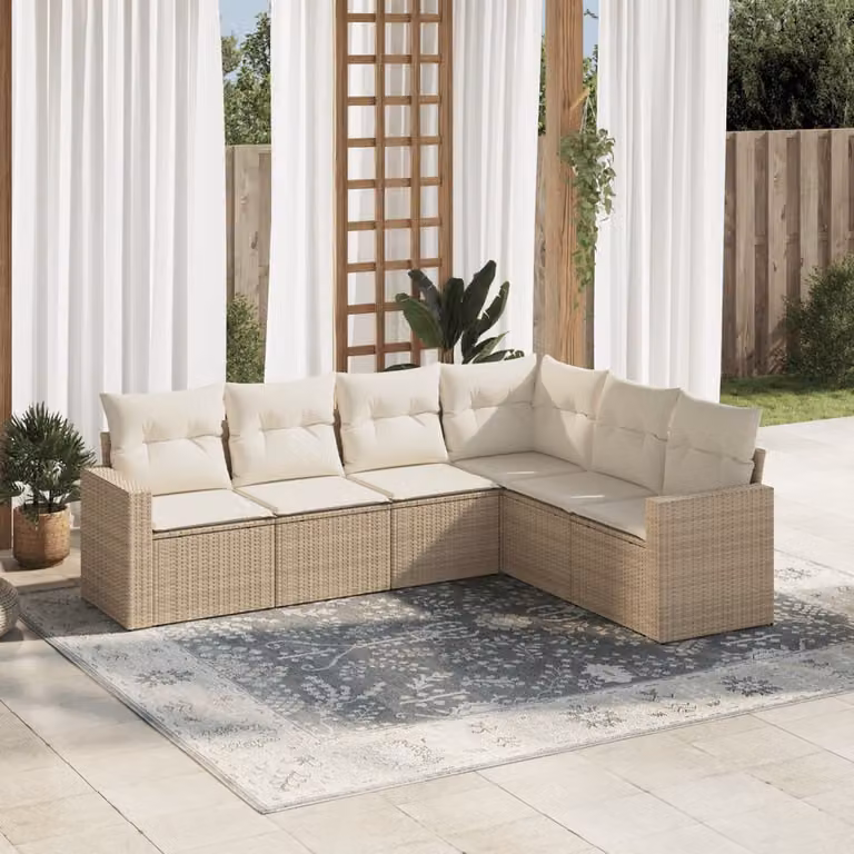 vidaXL Set Divano da Giardino a L in Polyrattan con Cuscini Beige e Struttura in Metallo, 6 Pezzi