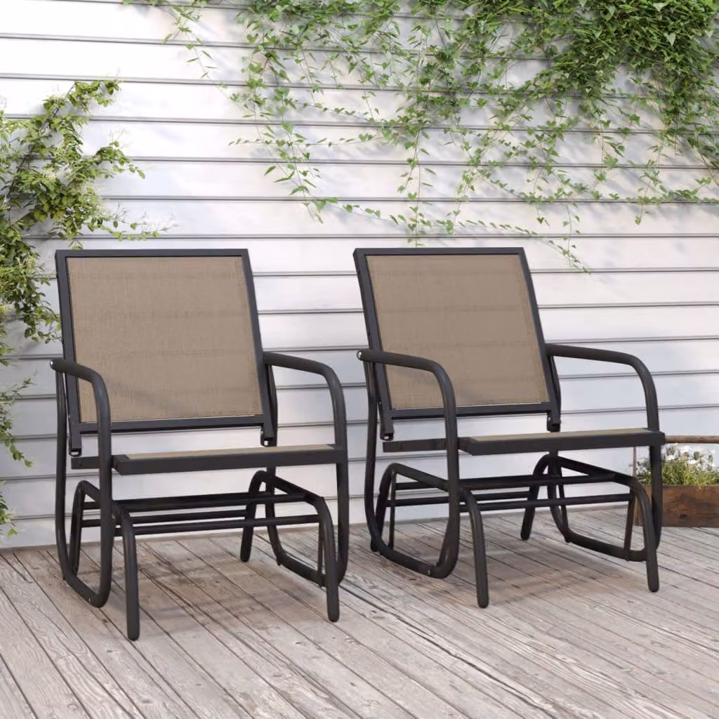 Set di 2 sedie a dondolo da giardino vidaXL in acciaio marrone con seduta in textilene, L: 61 cm, P: 76 cm, H: 87 cm