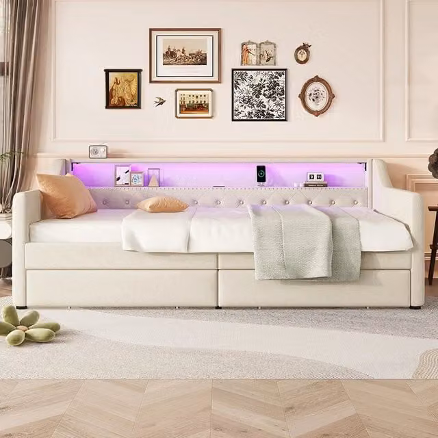 Letto a cassetti - Xylo - 90x200 cm - Lino Beige - Luci ambientali telecomando