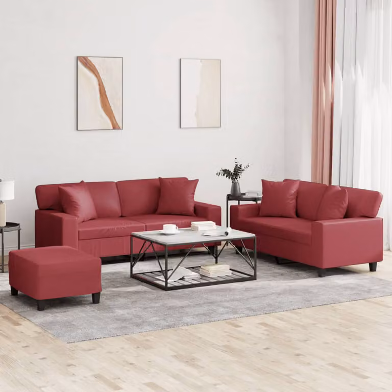 Set di divani 3 pezzi vidaXL in similpelle rossa con cuscini per soggiorno in stile moderno