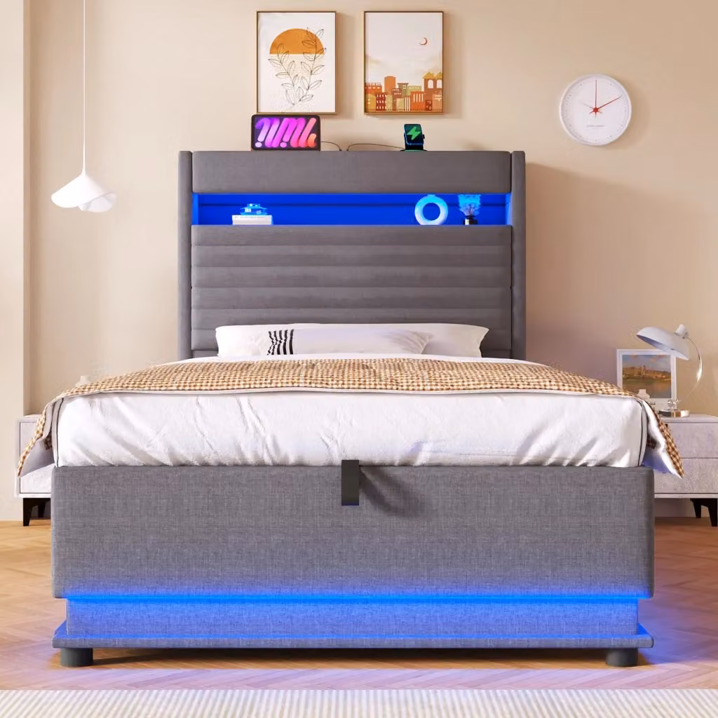 Letto contenitore singolo Chicfurn in lino grigio con LED regolabili, porta USB Type-C e vano idraulico, L/P: 90 x 200 cm – 2