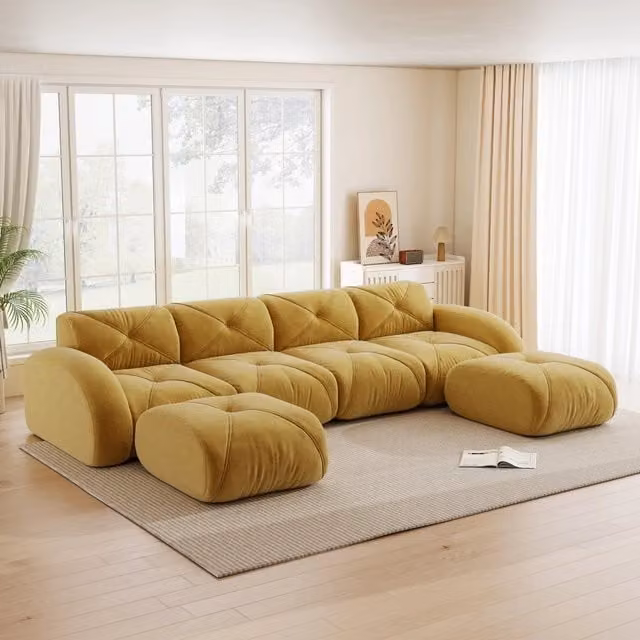 Divano Modulare a U Minimal con 2 Poggiapiedi in Tessuto Giallo