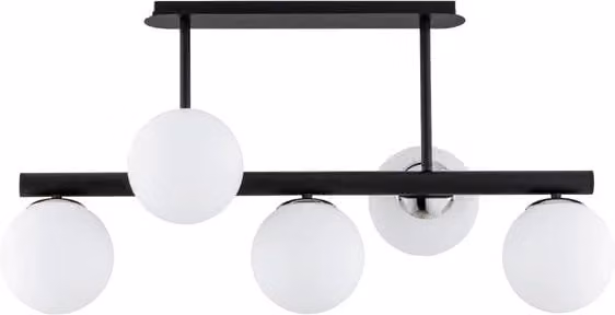 Plafoniera TUKANE Alfa nera con sfere in vetro bianco, 5xE14, dimmabile