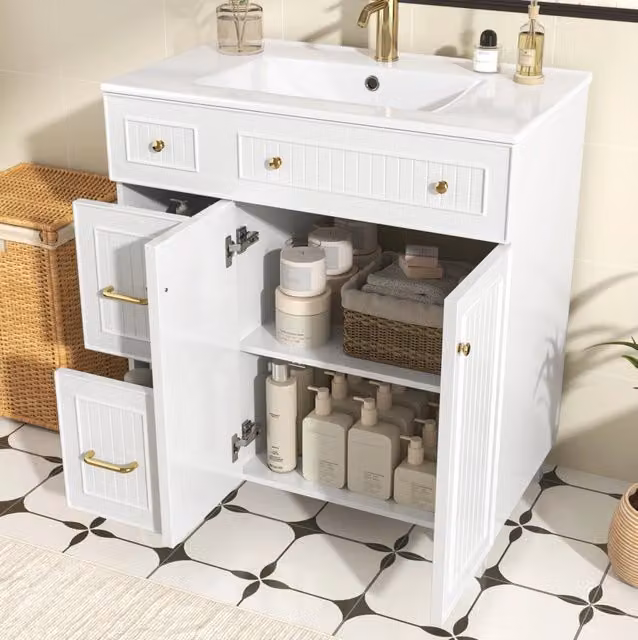 Mobile lavabo da bagno freestanding con lavabo in ceramica; MDF laccato e piedi in pino bianco