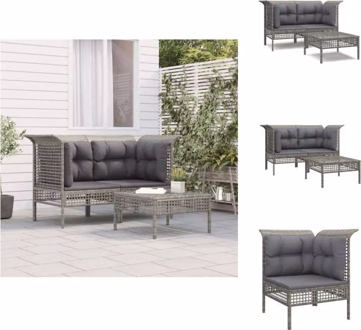vidaXL Set 3 pezzi da giardino con cuscini in poly rattan grigio - Set di mobili da giardino