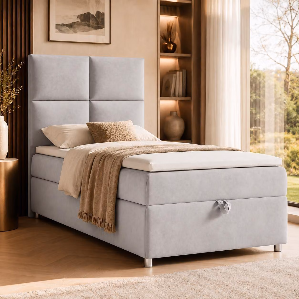 Best for Home Letto boxspring con contenitore Trinity K2-SINGLE 90x200 Materasso a molle Bonell incl. topper – Argento