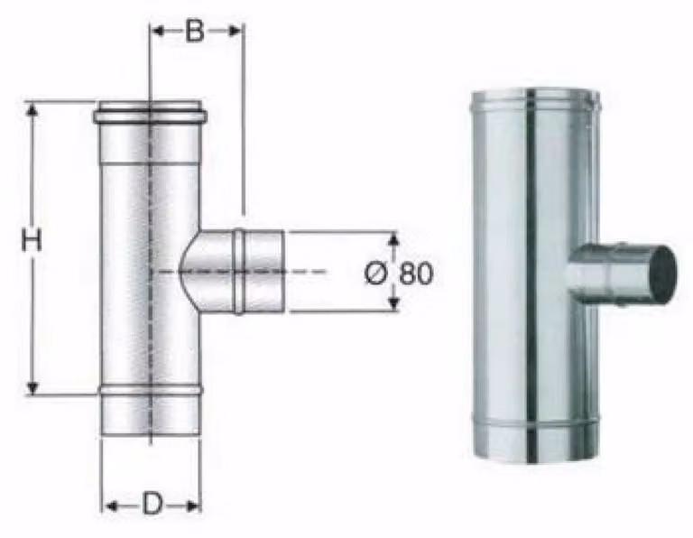 inox mono parete aisi 316 raccordo a t 90 rid.a 80 d.130