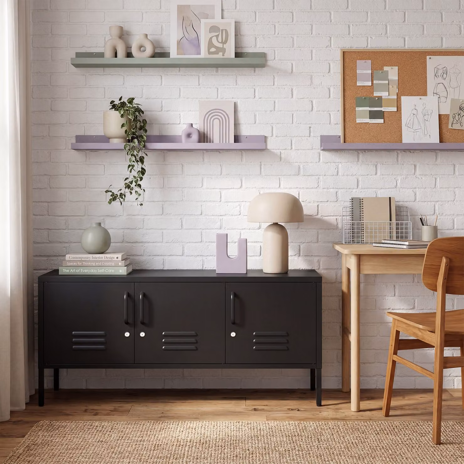 Credenza minimalista tectake in metallo e plastica, nero opaco, L: 120,0 cm, P: 37,5 cm, H: 55,5 cm – 1
