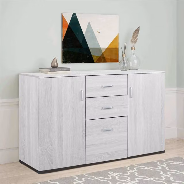 Credenza Apocalypse DMORA, Buffet moderno con 3 ante e 2 cassetti in Rovere sbiancato, L: 120 cm, P: 40 cm, H: 83 cm