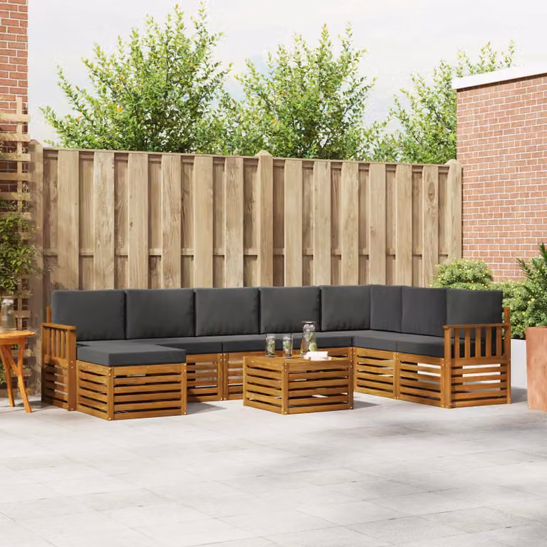 vidaXL Set di divani da esterno 9 pz in legno di acacia con cuscini, colore marrone, beige e antracite