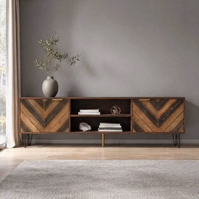 Mobile TV basso MODFU in legno naturale e metallo marrone con 2 ante e griglie dorate L: 155 cm, P: 38 cm, H: 48 cm