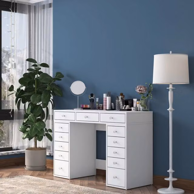 Toeletta con specchio DMORA in stile moderno, colore bianco, L 120 cm x P 45 cm x H 82 cm