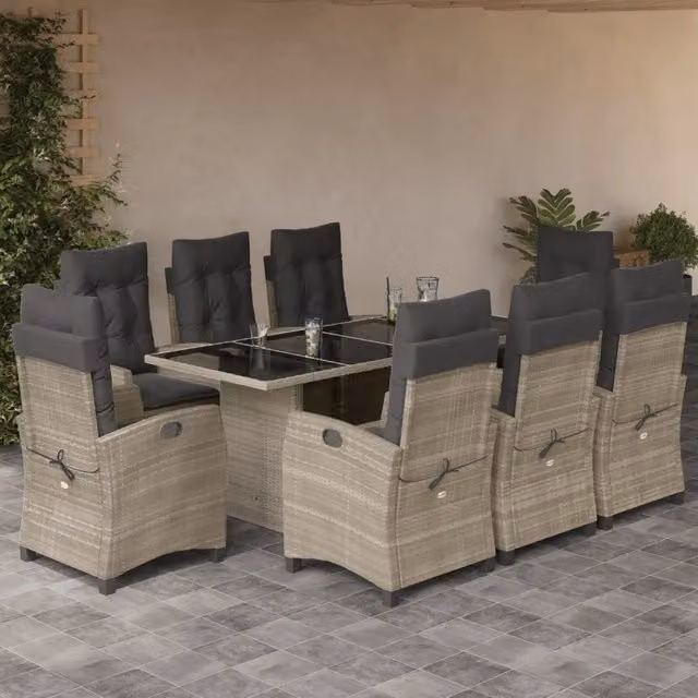 Set da pranzo da giardino vidaXL in polyrattan con piano in vetro, 9 pezzi, grigio antracite