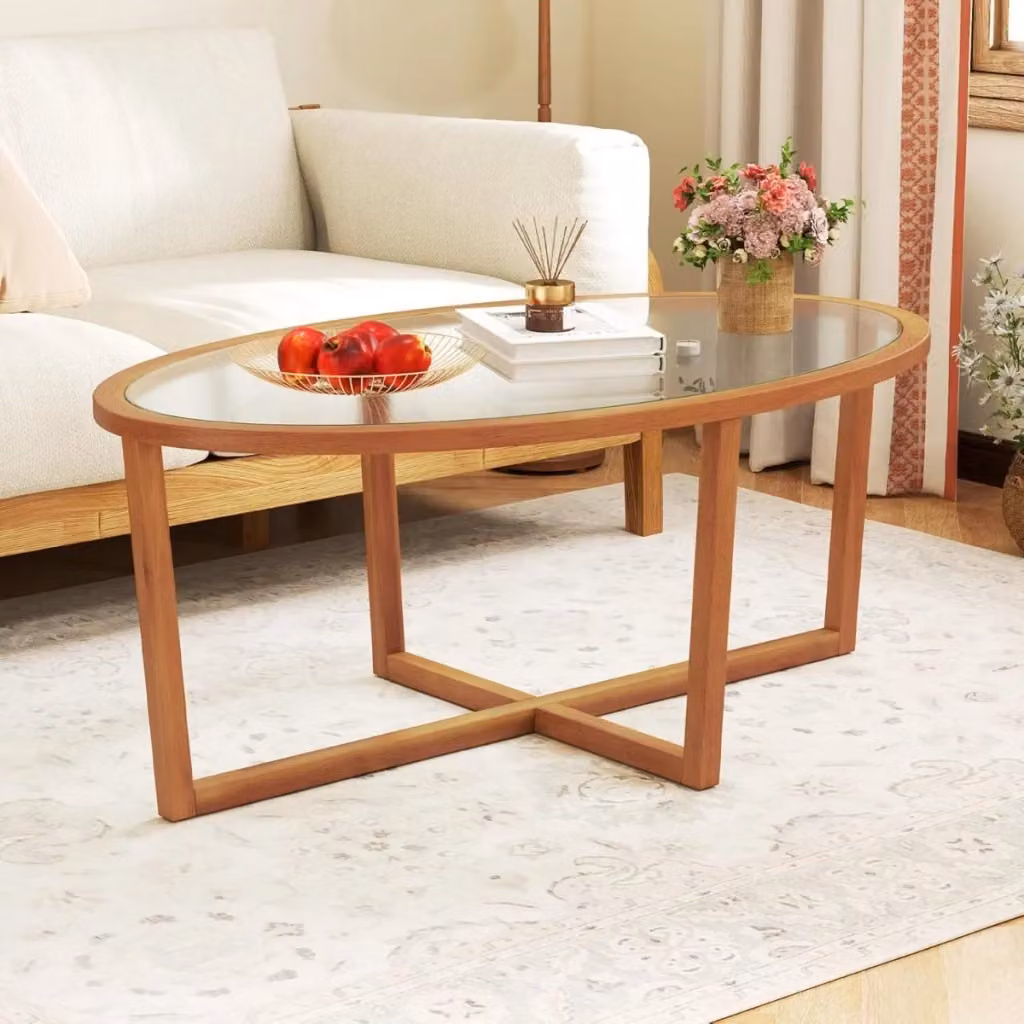 Tavolino da caffè ovale in vetro trasparente con base a croce in legno di acacia naturale DESIGN IN per il tuo soggiorno – 2