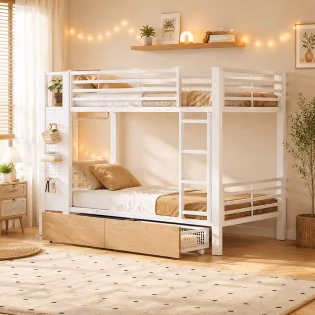 Letto a castello 90x200 cm con cassetti; LED e appenderia in MDF e metallo bianco