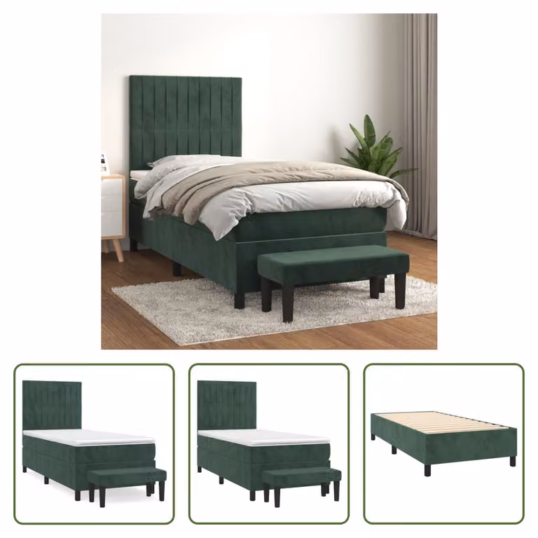 The Living Store Letto a molle con materasso verde scuro 90x200 cm in velluto