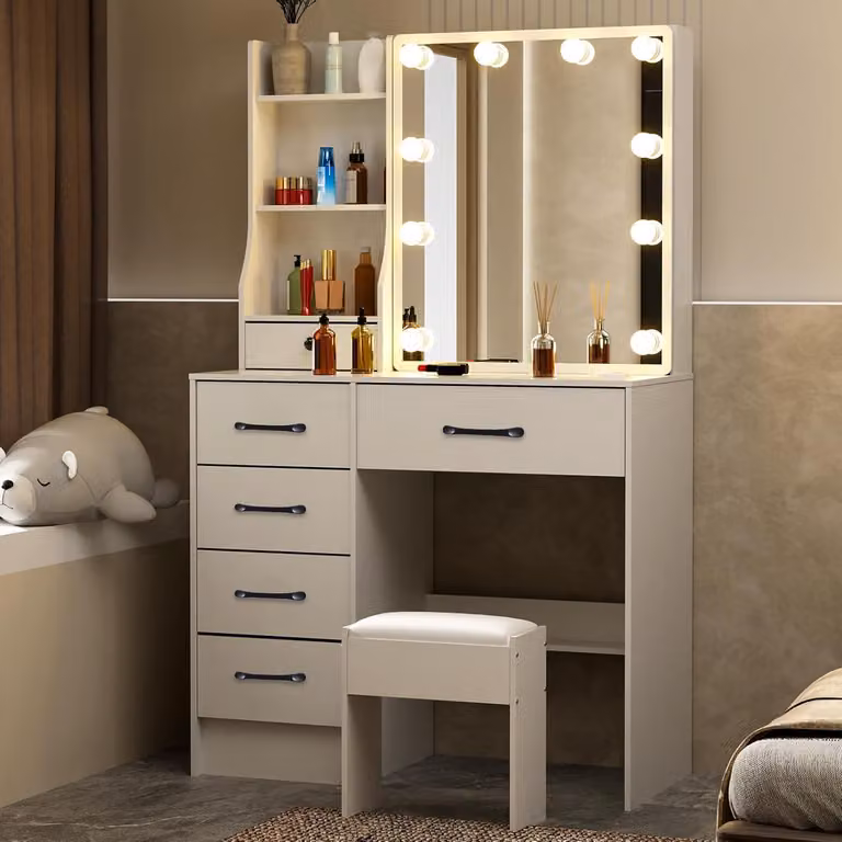 Tavolino da toilette con specchio sgabello 6 cassetti 6 ripiani 80x36x130cm
