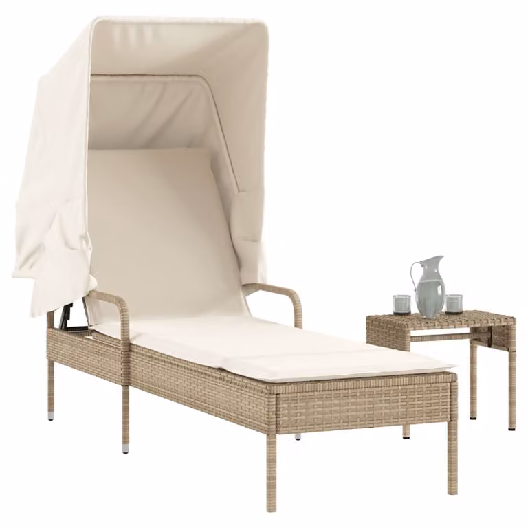 vidaXL Lettino Prendisole con Baldacchino e Tavolino in Polyrattan Beige e Bianco