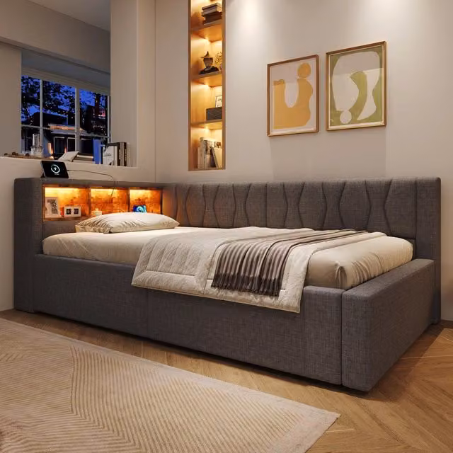 Divano letto contenitore imbottito 90 x 200 cm, daybed con contenitore idraulico, ripiano, LED regolabile e porta USB, grigio