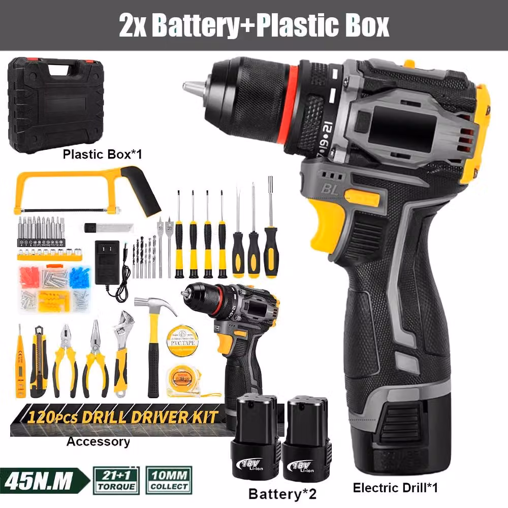 Trapano avvitatore a batteria - Potenza: 16,8 V - Coppia: 55 Nm - Mandrino per trapano in metallo da 10 mm - 23+1 livelli di coppia - 2 batterie