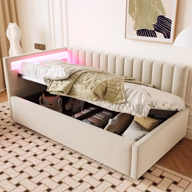 Letto Contenitore REDOM in Velluto Beige con Illuminazione LED, L/P/H: 90 x 200 x 206 cm
