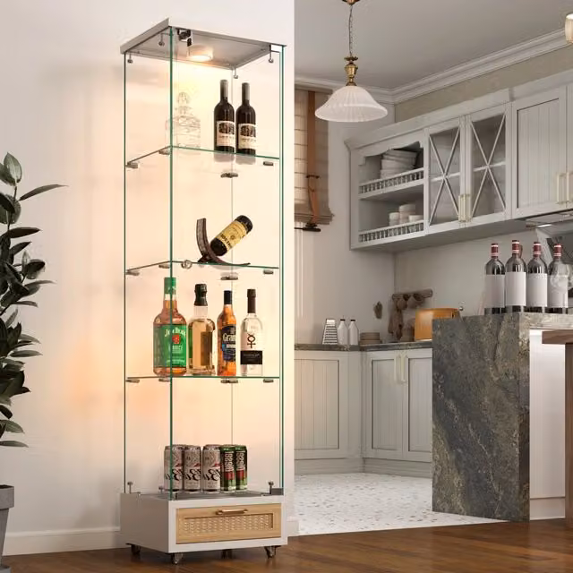 Vetrina OKWISH moderna bianca con ante in vetro, illuminazione LED integrata, ripiani e cassetti per soggiorno e sala da pranzo, L: 42,2 cm, P: 36,5 cm, H: 167 cm