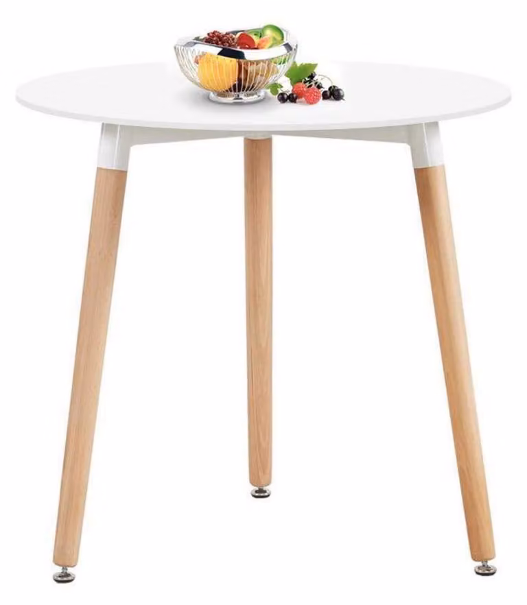 Tavolo rotondo da pranzo, bianco, in legno, dimensioni 80x80x72 cm, gambe in legno naturale