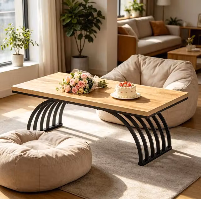 Tavolino da salotto ULEVR con piano da 120 cm, struttura in metallo nero e legno marrone rustico