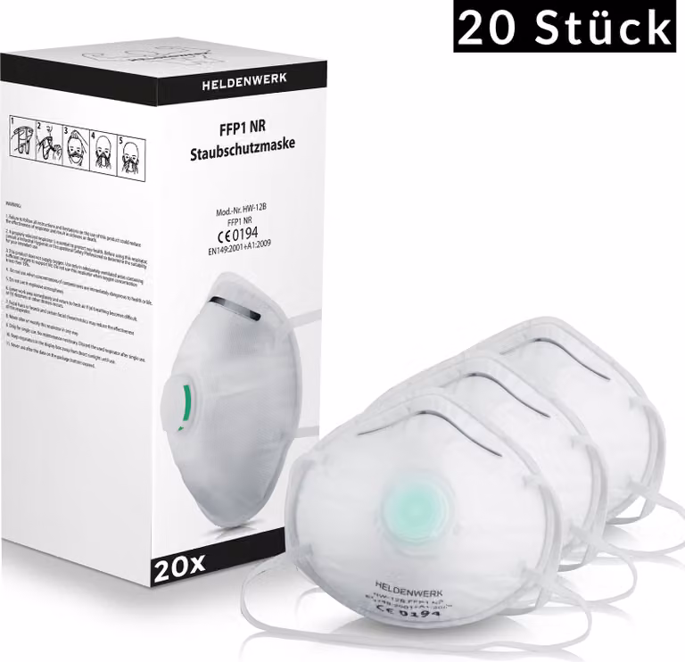 Mascherina di protezione respiratoria Heldenwerk con valvola, vestibilità perfetta, traspirante, con nasello, FFP1, mascherina antipolvere fine, mascherina protettiva, quantità: 20 pezzi