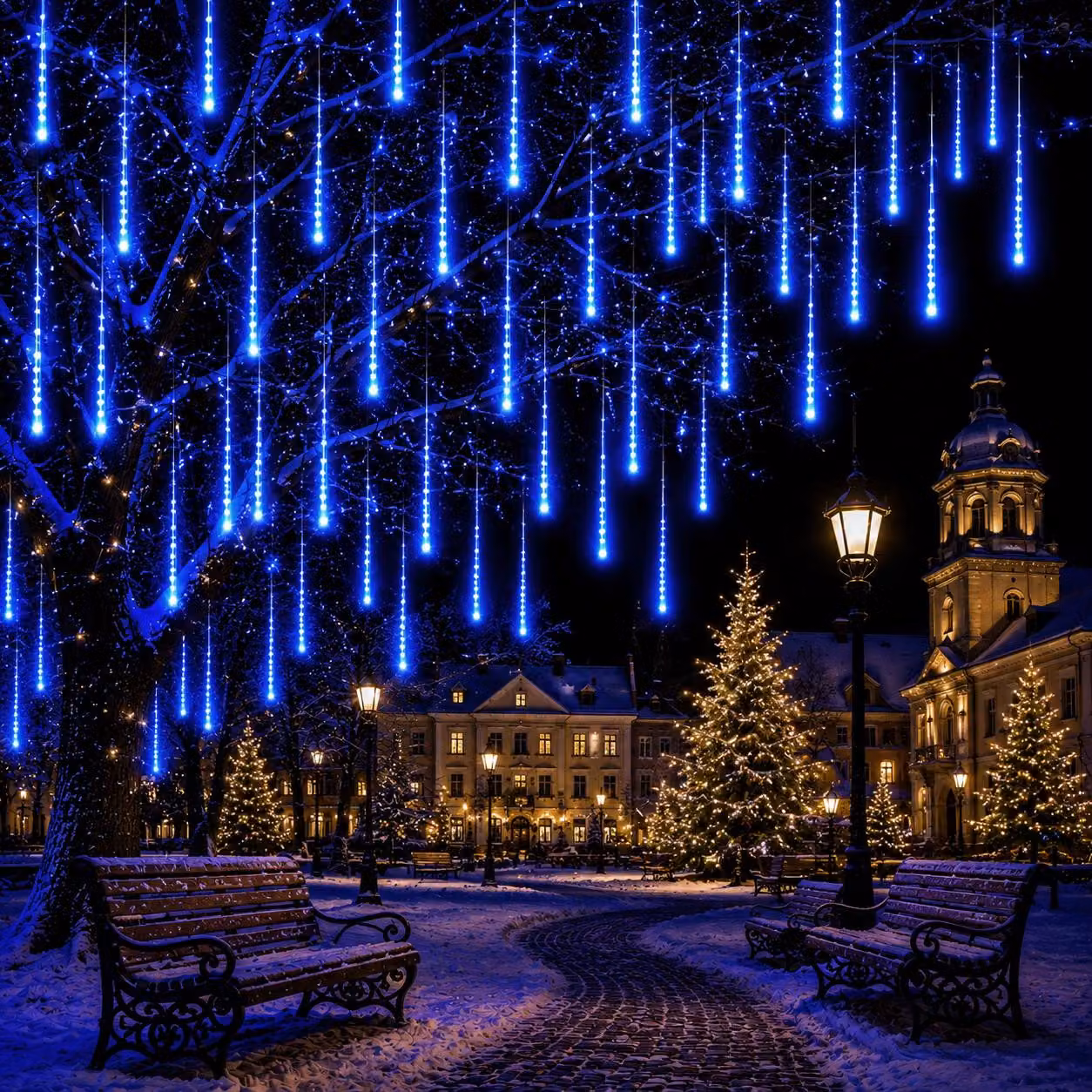 Catena luminosa a forma di pioggia di meteoriti, luci che simulano stelle cadenti, decorazioni natalizie per giardino, adatte anche per Halloween, colore blu, 30 cm, 192 LED