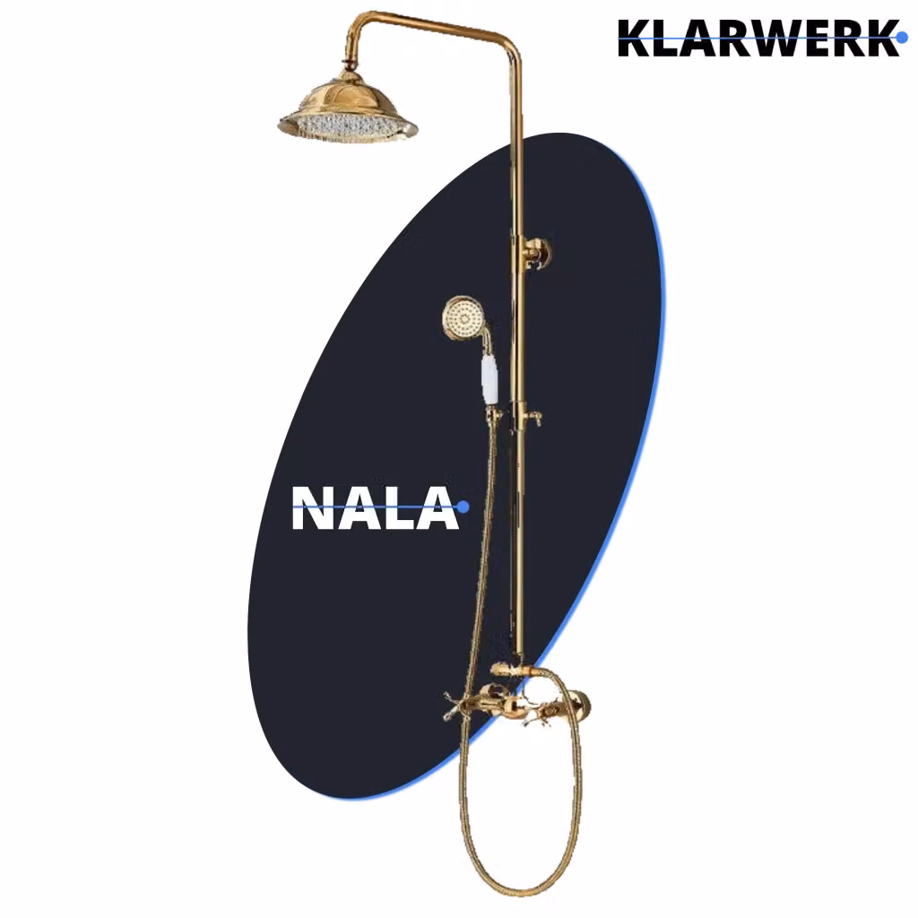 Set doccia a pioggia NALA in acciaio inossidabile oro con soffione, doccino e colonna rigida, H: 150 cm, L: 120 cm – 2