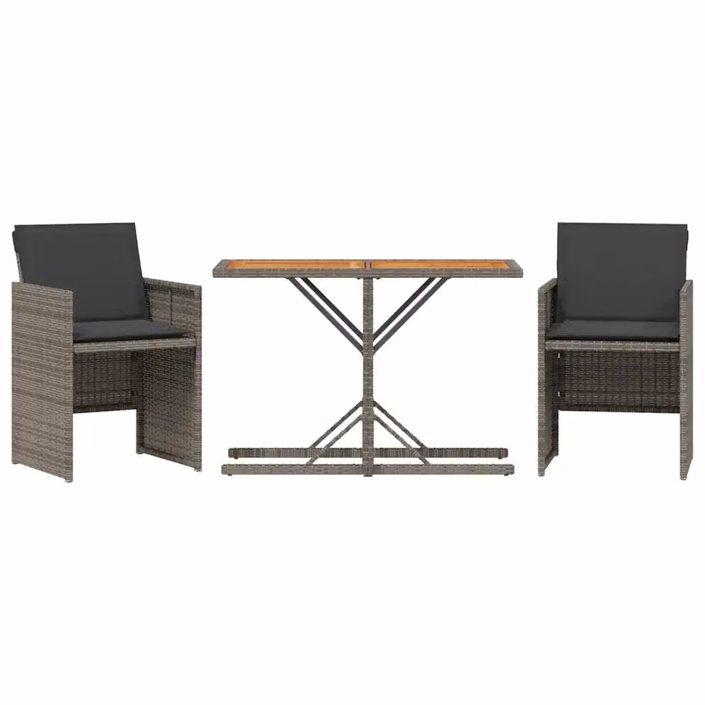 Set da Bistrò vidaXL in Polyrattan e Legno di Acacia con Cuscini Grigio, 3 Pezzi – 2