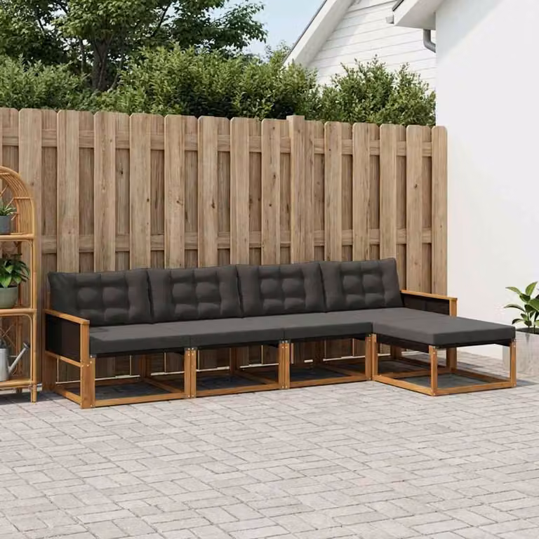 Set di divani da esterno vidaXL 5 pezzi in legno di acacia e textilene, composizione a L con pouf e cuscini, Marrone e Nero