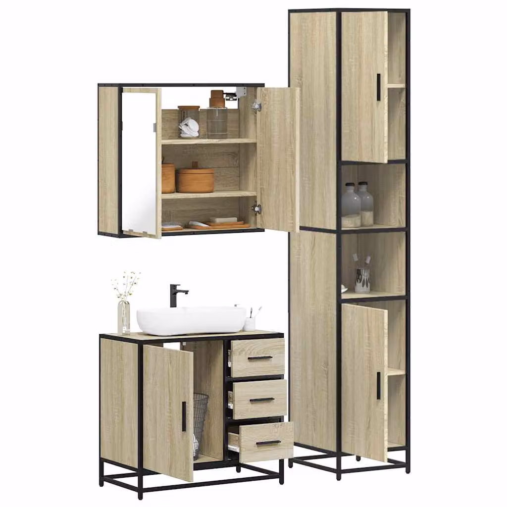Set di mobili da bagno 3 pezzi vidaXL in stile industriale color rovere con specchio e illuminazione LED