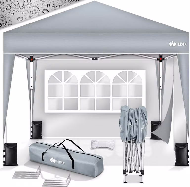 gazebo tillvex 3x3m grigio impermeabile con 2 pannelli laterali + set di 4 sacchi di sabbia | gazebo pop-up pieghevole stabile e regolabile in altezza | tenda da giardino protezione UV 50+ | tenda da festa con borsa per giardino