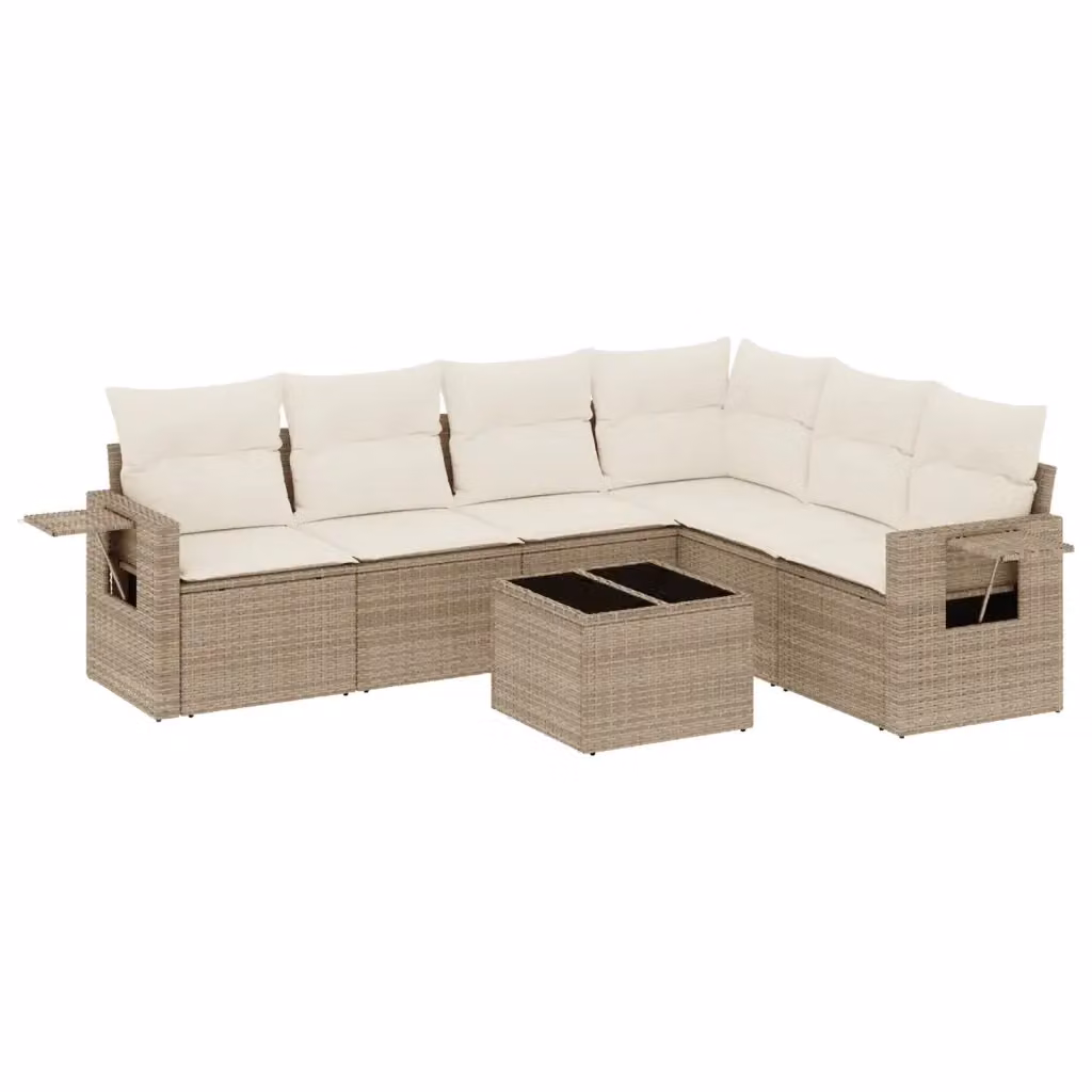 vidaXL Set Divani da Giardino 7 pz a Forma a L in Polyrattan con Cuscini Beige e Tavolino da Esterno – 2