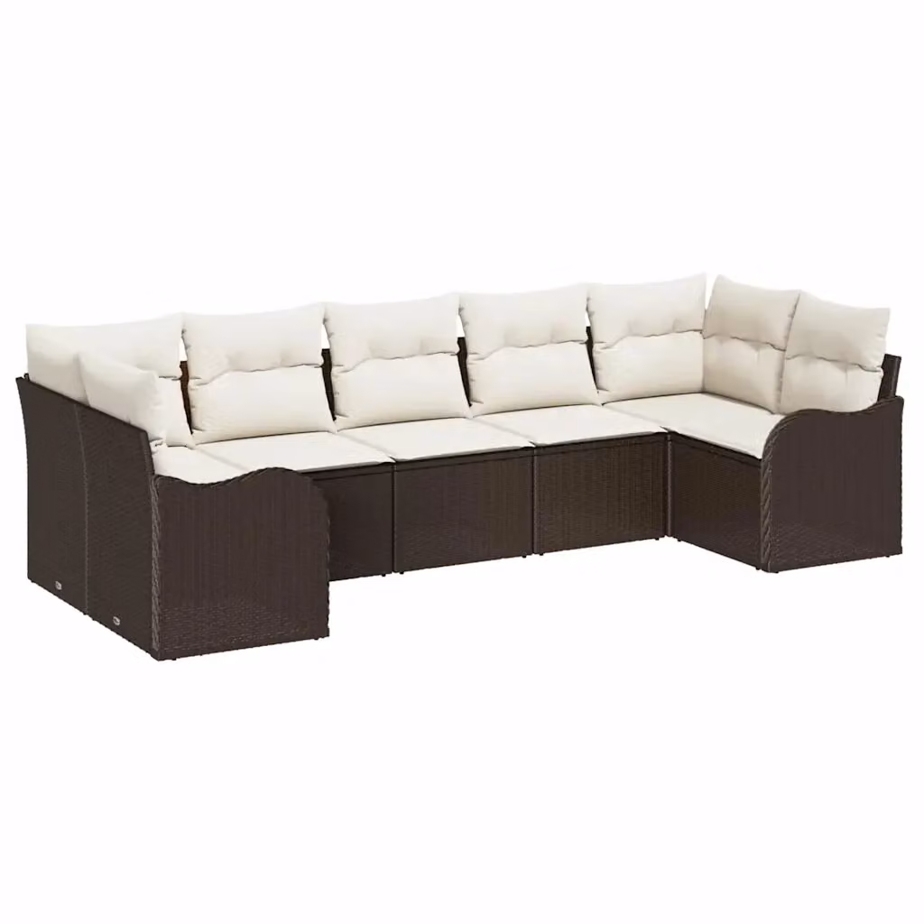 Set Divano da Giardino vidaXL 7 Pezzi a Forma di L in Rattan Marrone e Bianco con Cuscini e Struttura in Acciaio Verniciato a Polvere – 2