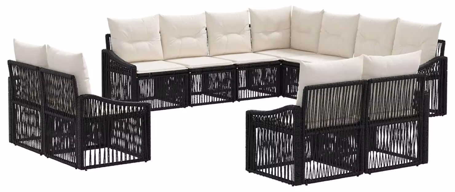 Set da giardino composto da 11 pezzi, colore nero, realizzato in rattan sintetico