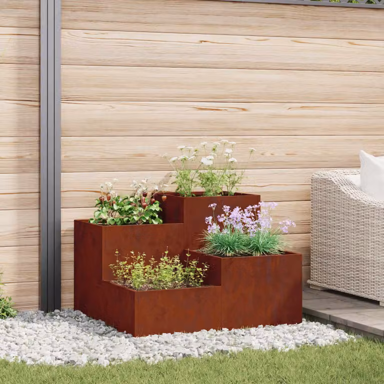 vidaXL Vaso da giardino in acciaio marrone L: 100 cm, P: 100 cm, H: 60 cm