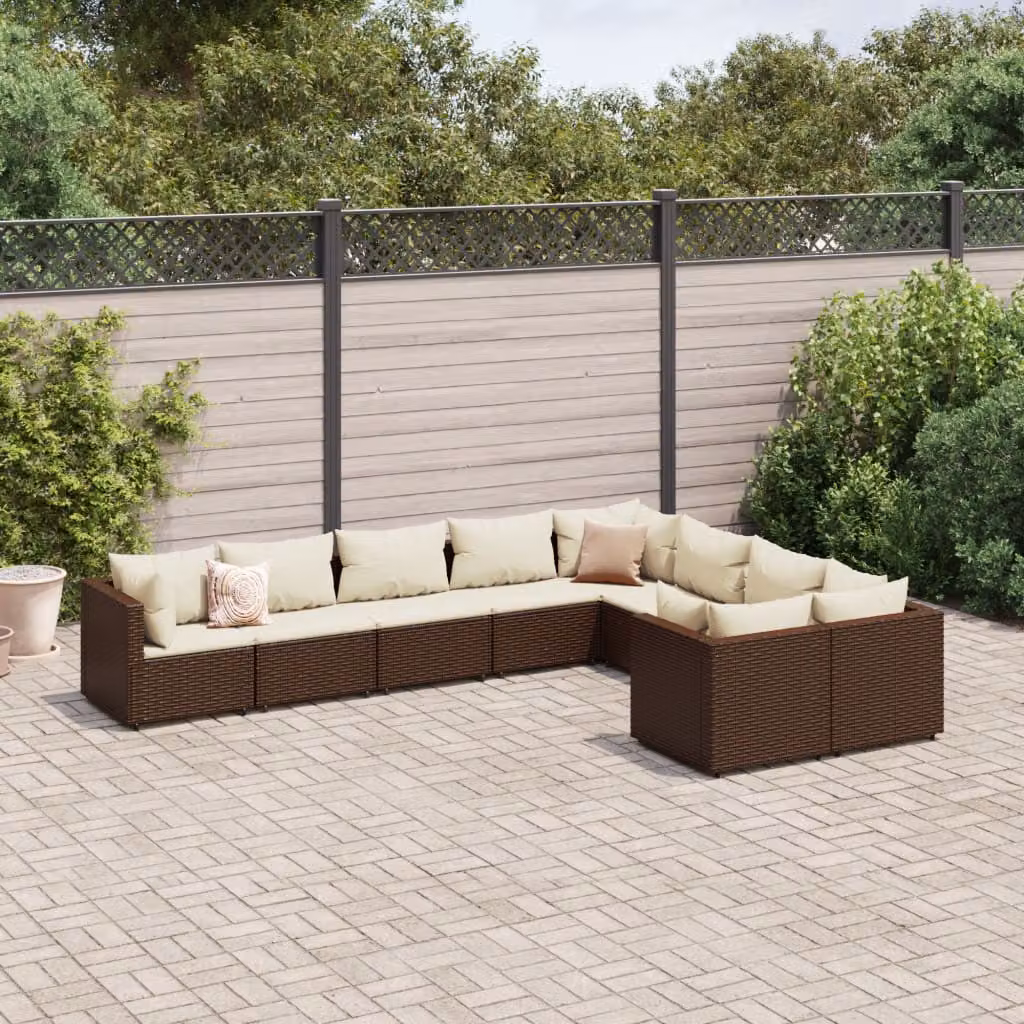 Set di divani da giardino vidaXL a forma di L con 9 pezzi e cuscini, colore marrone e bianco, in rattan con struttura in metallo resistente ai raggi UV
