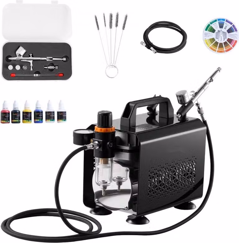 Set completo per aerografo 1/6 hp - include compressore d'aria, pistola ad aerografo a doppia azione con 3 ugelli (0,2/0,3/0,5 mm), tubo flessibile, colori acrilici - Ideale per la decorazione di torte, la pittura di modelli, la nail art - Basso livello d