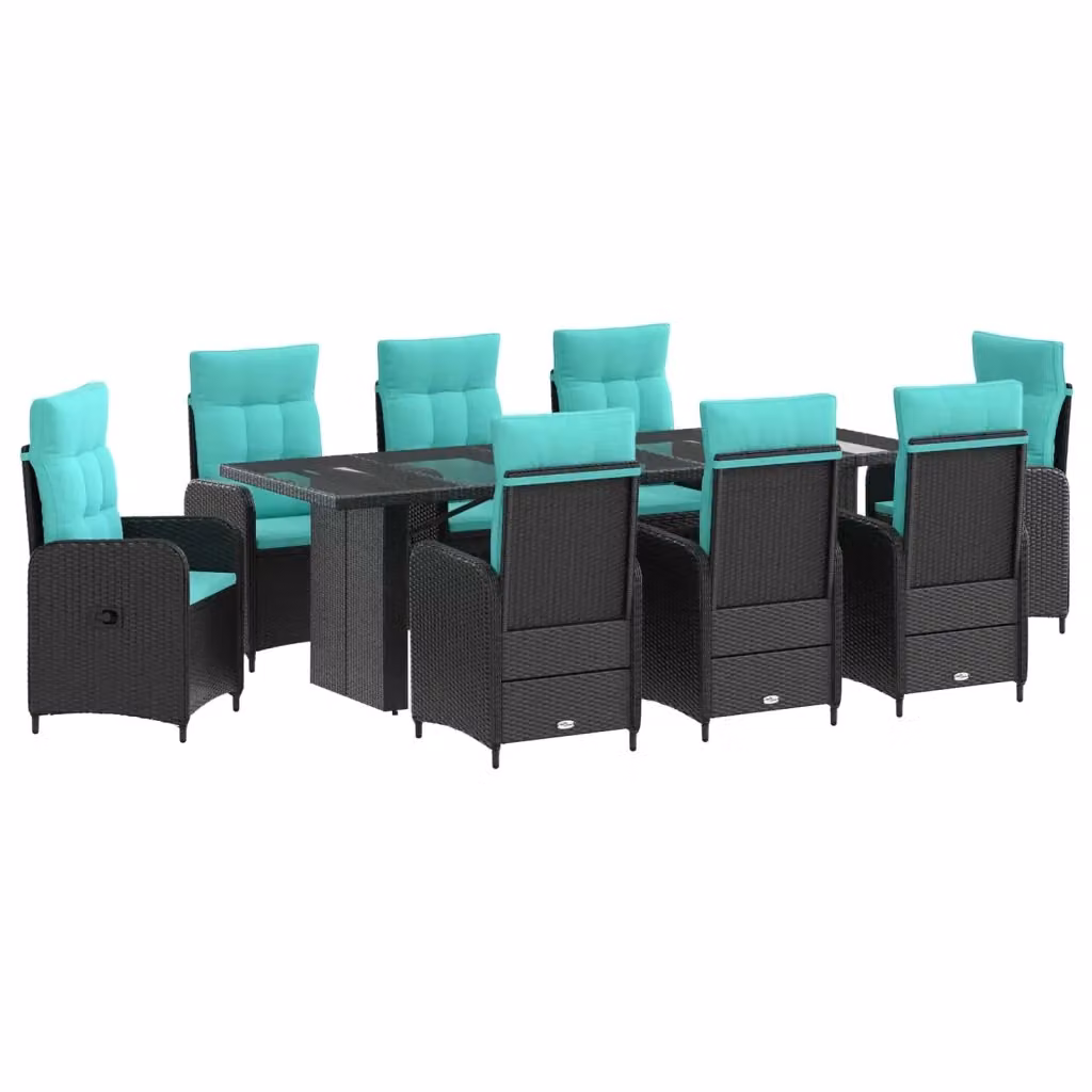Set da pranzo per esterni vidaXL in polyrattan e legno di acacia da 9 pezzi, colore nero e turchese, L: 240 cm, P: 90 cm, H: 75 cm – 2