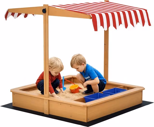 Sabbiera per bambini Outsunny in legno multicolore con tettuccio regolabile e sedute, L/P/H: 107.5 x 107.5 x 110 cm