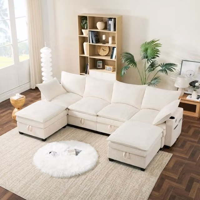 Divano modulare con pouf rimovibili; porte USB; corduroy; beige