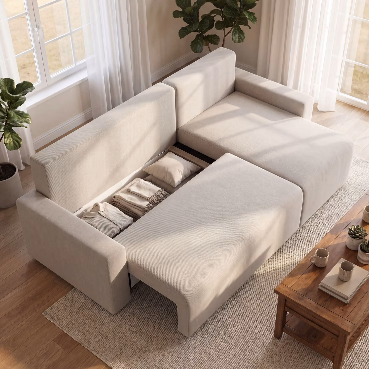 Divano Angolare HOMCOM con Funzione Letto e Chaise Longue Reversibile, Modello a 3 Posti a Forma di L in Effetto Pelle Scamosciata, Beige – 2