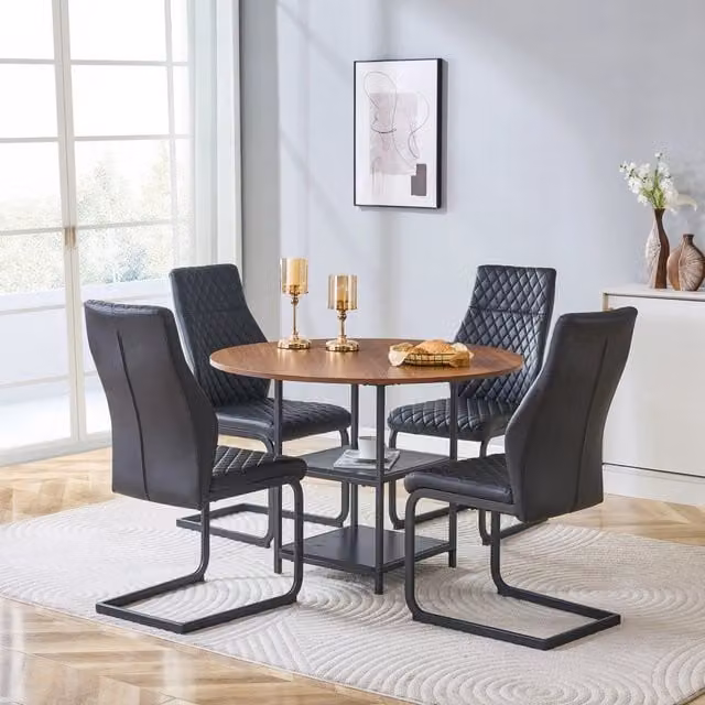 Tavolo da pranzo rotondo con 2 ripiani e 4 sedie, stile industriale, per sala da pranzo, in MDF e metallo, nero
