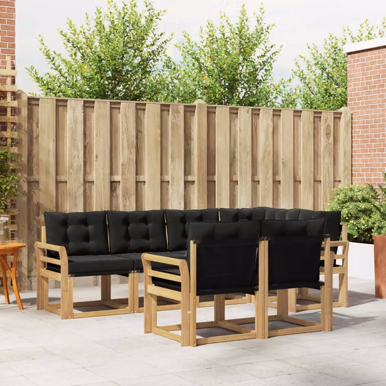 Set di divani da esterno vidaXL 7 pz in legno di acacia con cuscini, Bianco, Nero e Marrone