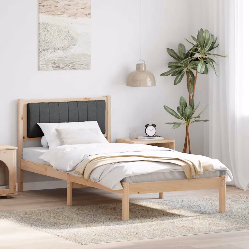 Letto moderno vidaXL con testiera rivestita in tessuto e struttura in legno di pino, Grigio e Marrone, L/P/H: 90 x 200 x 95,5 cm