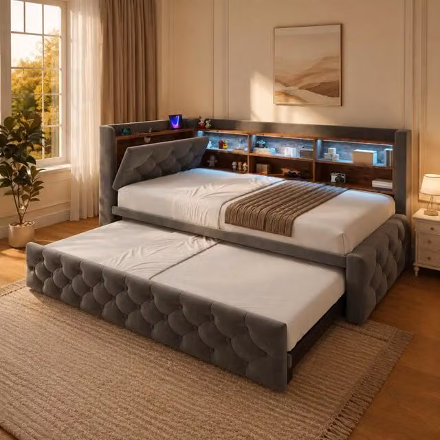 Divano Letto Estraibile 90x190 cm in Velluto Grigio Scuro con Bracciolo Contenitore, Testiera in Legno, LED, USB e Type-C, Rete a Doghe per Soggiorno e Camera Ospiti